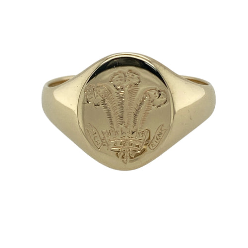 9ct Gold Welsh Oval Three Feathers Signet Ring