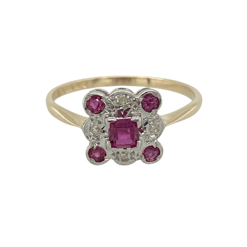9ct Gold Diamond & Ruby Set Art Deco Style Ring