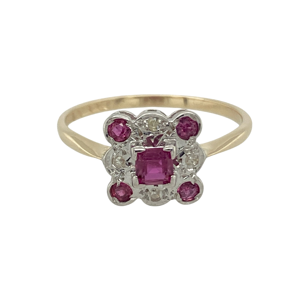 9ct Gold Diamond & Ruby Set Art Deco Style Ring