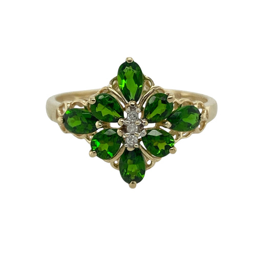 9ct Gold Diamond & Green Stone Set Flower Dress Ring