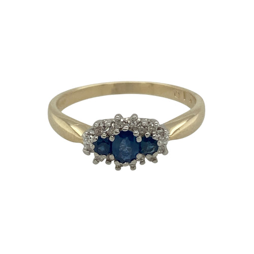 9ct Gold Diamond & Sapphire Set Trilogy Cluster Ring