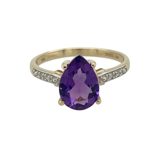 9ct Gold Diamond & Teardrop Amethyst Set Ring