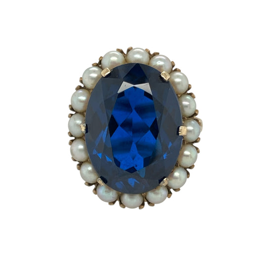 9ct Gold Seed Pearl & Blue Stone Set Dress Ring
