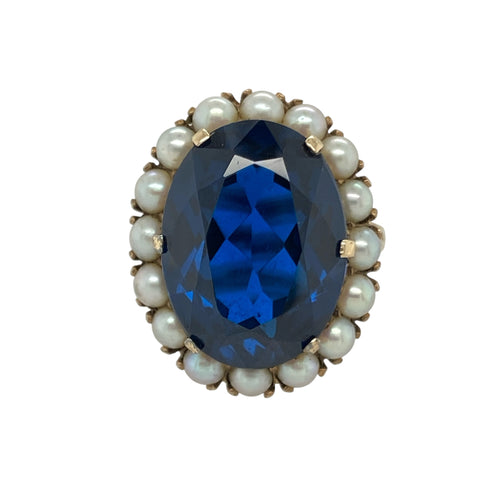 9ct Gold Seed Pearl & Blue Stone Set Dress Ring