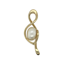 Load image into Gallery viewer, Bring timeless elegance and graceful design to your collection with this pre-owned 9ct yellow gold pendant, styled in a flowing swirl design and set with a single lustrous pearl.

Design: The pendant features a 10mm round pearl held within a sweeping gold swirl, creating a sophisticated and balanced look.
Material: Made from 9-carat yellow gold, the polished finish enhances the warm golden tone and complements the soft sheen of the pearl.
