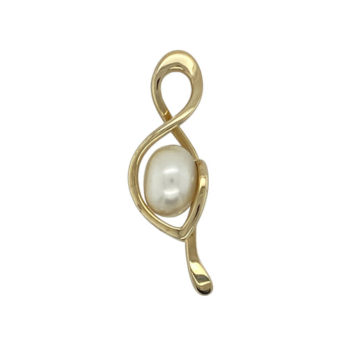 Bring timeless elegance and graceful design to your collection with this pre-owned 9ct yellow gold pendant, styled in a flowing swirl design and set with a single lustrous pearl.

Design: The pendant features a 10mm round pearl held within a sweeping gold swirl, creating a sophisticated and balanced look.
Material: Made from 9-carat yellow gold, the polished finish enhances the warm golden tone and complements the soft sheen of the pearl.