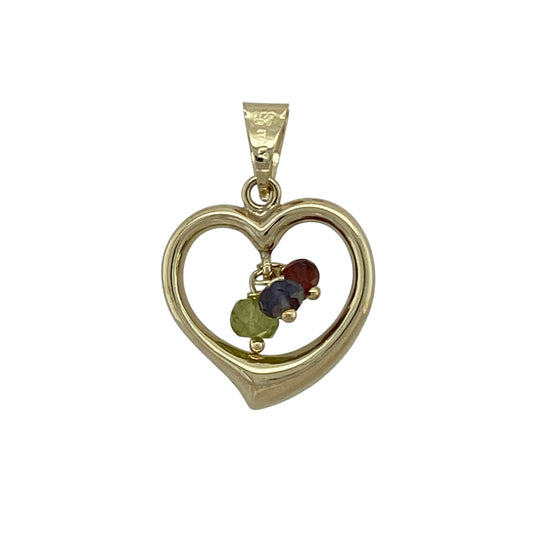 Bring playful colour and delicate charm to your collection with this pre-owned 9ct yellow gold pendant, styled as an open heart with vibrant bead drops at the centre.

Design: The pendant features an open heart frame with three dangling beads in green, red, and purple, adding movement and a lively touch of colour.
Material: Made from 9-carat yellow gold, the polished finish enhances the warm tone and sets off the colourful beads beautifully.