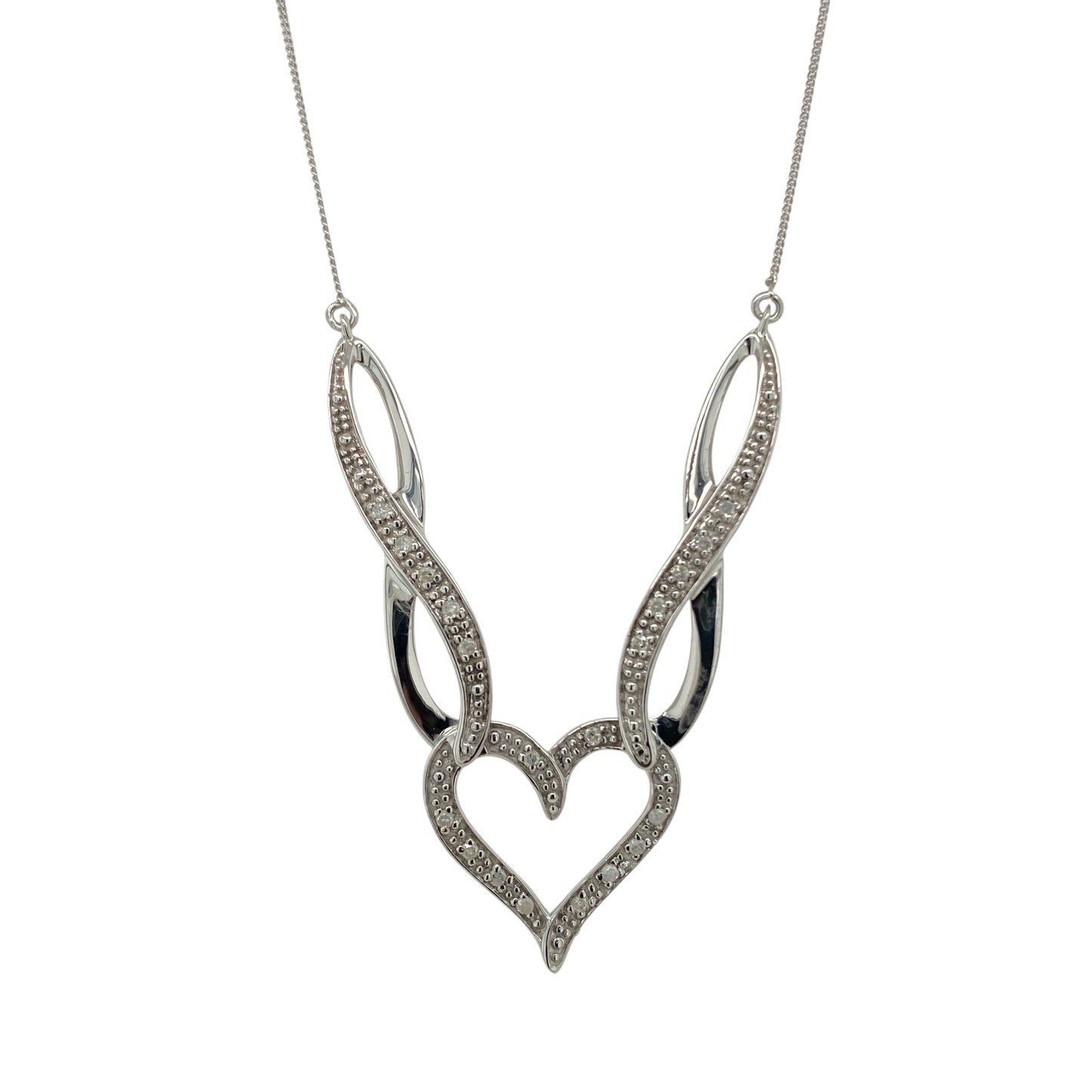 9ct White Gold & Diamond Set Heart Swirl 20" Necklace