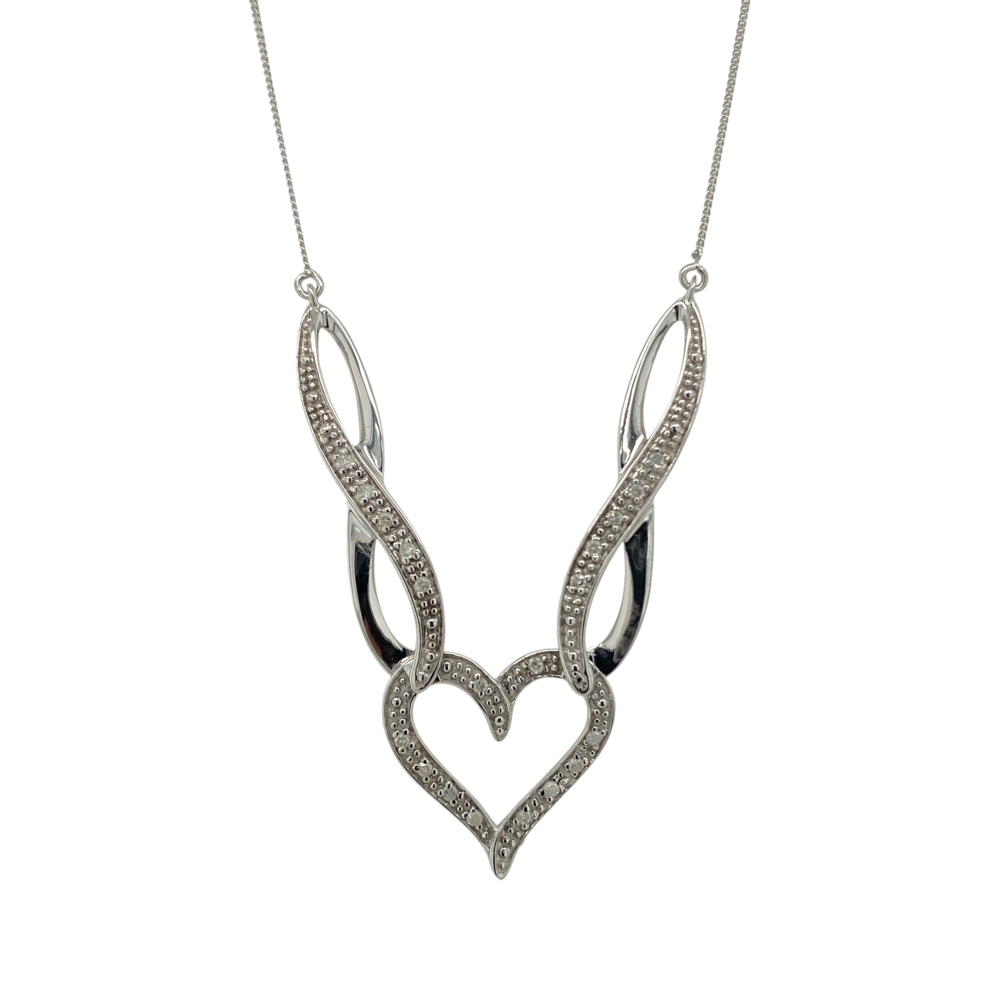 9ct White Gold & Diamond Set Heart Swirl 20" Necklace