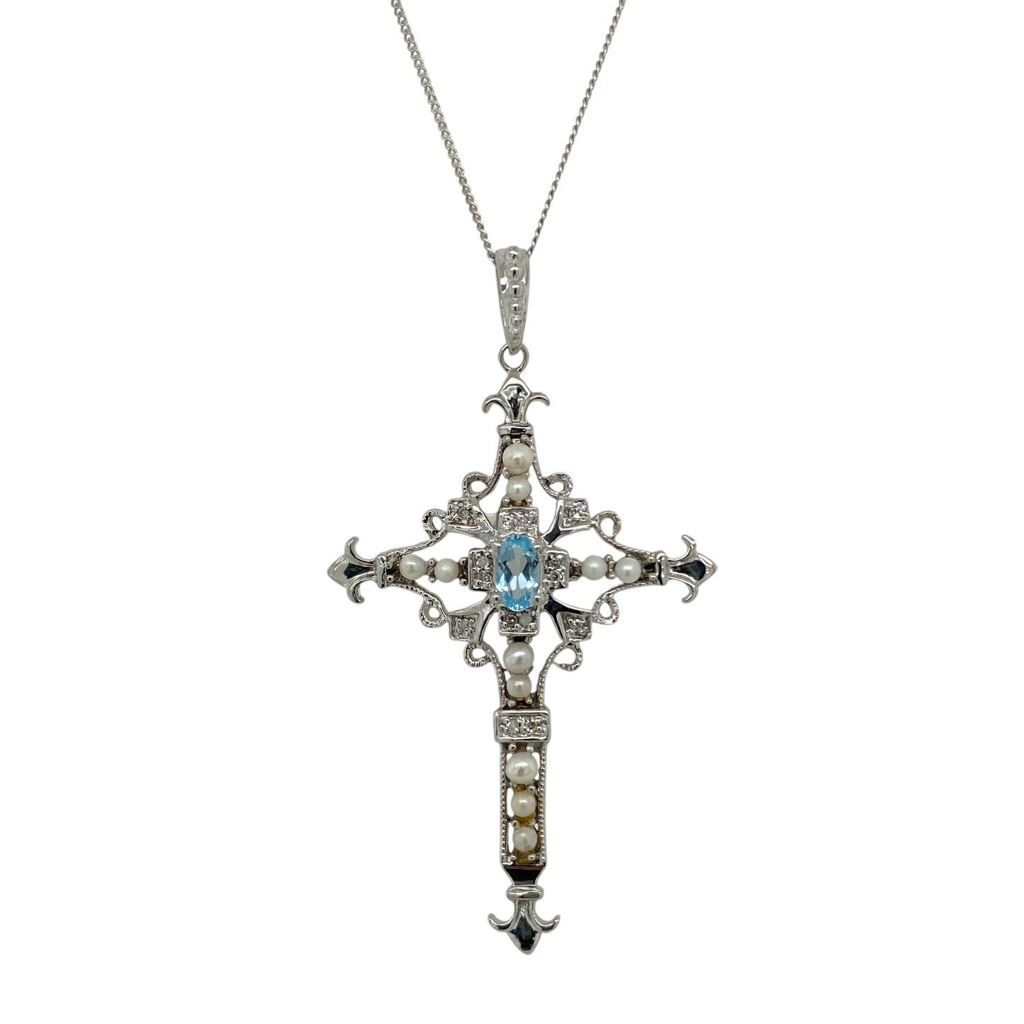 9ct White Gold Diamond Blue Topaz & Pearl Set Cross 18" Necklace