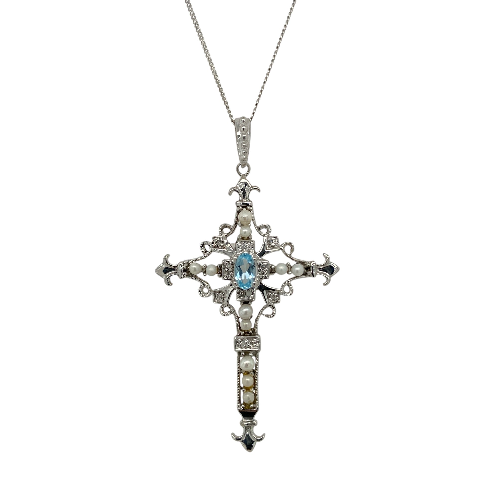 9ct White Gold Diamond Blue Topaz & Pearl Set Cross 18" Necklace