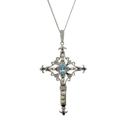 9ct White Gold Diamond Blue Topaz & Pearl Set Cross 18" Necklace