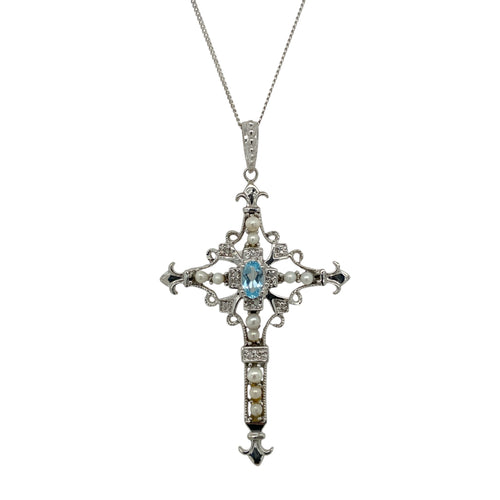 9ct White Gold Diamond Blue Topaz & Pearl Set Cross 18