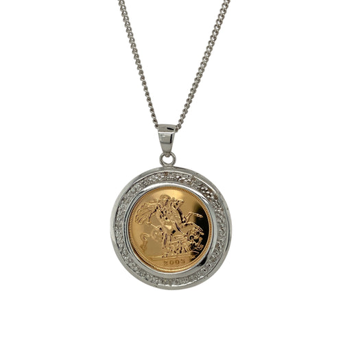 9ct White Gold & Diamond Set Mount with 22ct Gold Half Sovereign 18