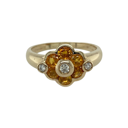 9ct Gold Diamond & Citrine Set Flower Ring