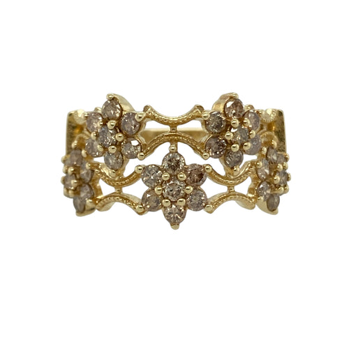 9ct Gold & Champagne Diamond Set Flower Set Band Ring
