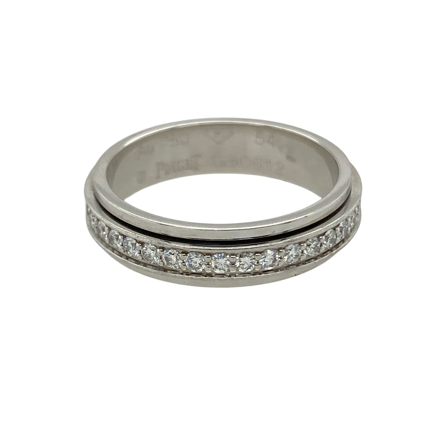 Add sparkle with a twist to your collection with this pre-owned 18ct white gold diamond spinning band ring, a unique design with elegance and movement.

Design: The ring features a 5mm wide spinning band, fully set with diamonds all around for continuous brilliance.
Material: Made in 18-carat white gold, the polished finish provides a sleek backdrop that enhances the diamonds’ radiance.
Ring Detail: With approximately 0.54ct of total diamond content, this ring offers eye-catching sparkle from every angle.