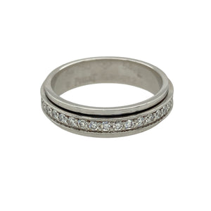 Add sparkle with a twist to your collection with this pre-owned 18ct white gold diamond spinning band ring, a unique design with elegance and movement.

Design: The ring features a 5mm wide spinning band, fully set with diamonds all around for continuous brilliance.
Material: Made in 18-carat white gold, the polished finish provides a sleek backdrop that enhances the diamonds’ radiance.
Ring Detail: With approximately 0.54ct of total diamond content, this ring offers eye-catching sparkle from every angle.