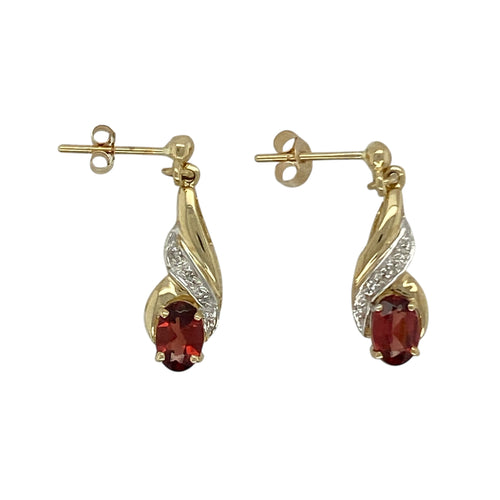 9ct Gold Diamond & Garnet Set Drop Stud Earrings
