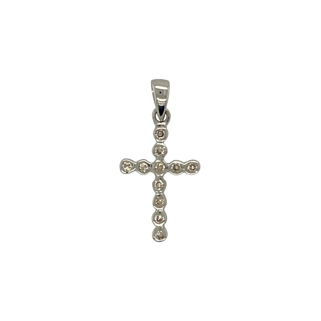 9ct White Gold & Diamond Set Dainty Cross Pendant