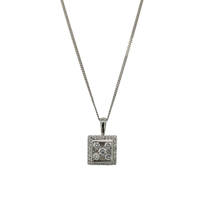 18ct White Gold & Diamond Set Square Halo 16" Necklace