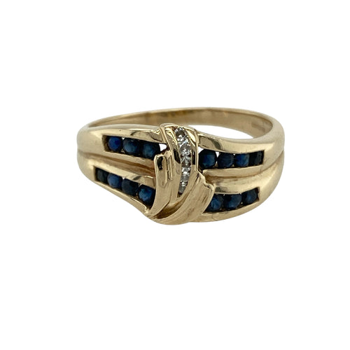 9ct Gold Diamond & Sapphire Swirl Wide Band Ring