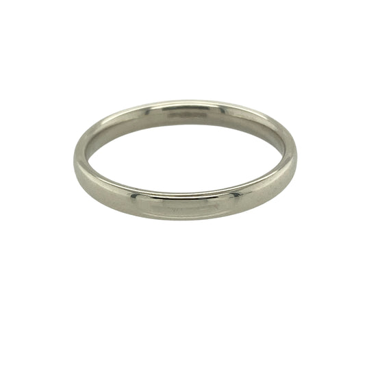 Bring understated elegance and lasting style to your collection with this pre-owned 9ct white gold wedding band ring, a timeless piece designed for both special occasions and everyday wear.

Design: The ring features a classic 2mm wide band, offering a slim and refined profile.
Material: Made from 9-carat white gold, the polished finish provides a sleek, contemporary look.