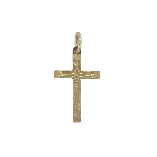 9ct Gold Flower Patterned Cross Pendant