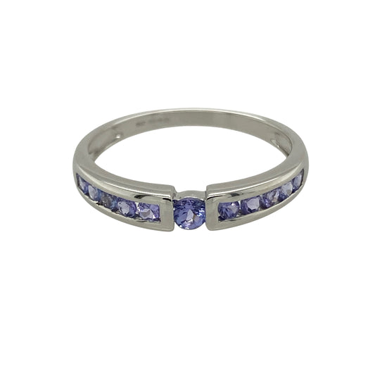 9ct White Gold & Blue/Purple Stone Set Band Ring