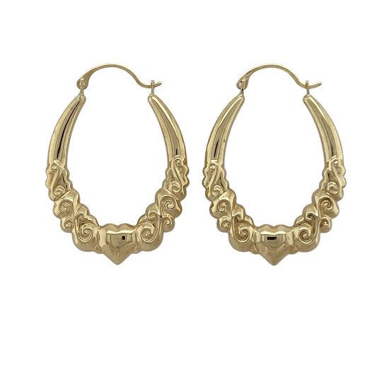 9ct Gold Heart Patterned Oval Creole Earrings
