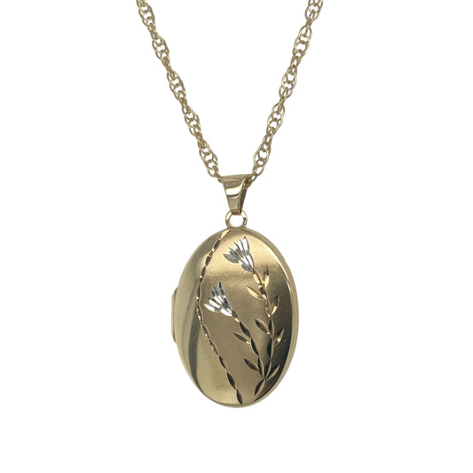 9ct Gold Flower Engraved Oval Locket 18" Necklace