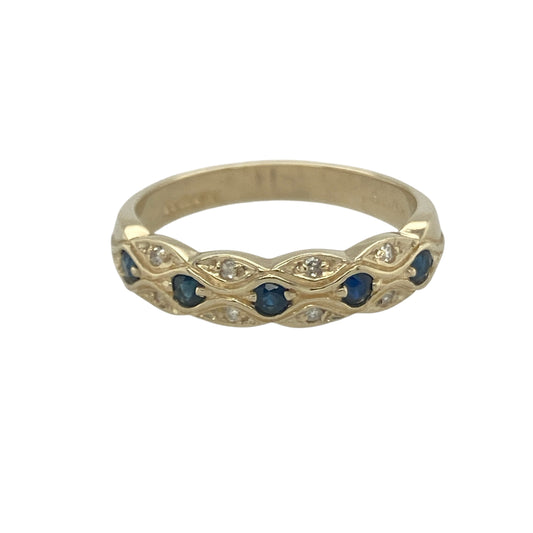 9ct Gold Diamond & Sapphire Set Patterned Band Ring