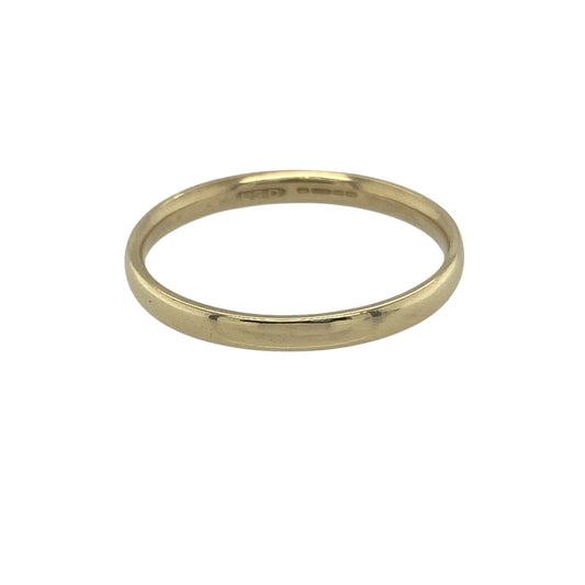 Bring delicate elegance and luxurious simplicity to your collection with this pre-owned 18ct yellow gold wedding band ring, a timeless choice for everyday wear or marking life’s special moments.

Design: The ring features a slim 2mm wide band, offering a subtle and understated profile.
Material: Made from 18-carat yellow gold, the polished finish gives the band a rich tone and refined glow. 