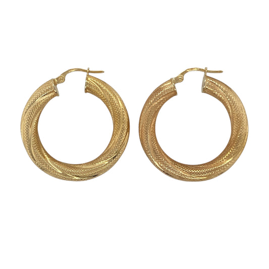 9ct Gold Patterned Twist Hoop Creole Earrings