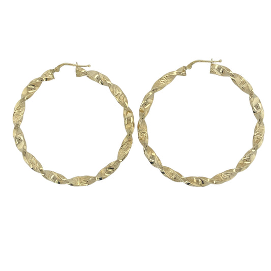 9ct Gold Twisted Green Key Patterned Large Hoop Creole Earrings