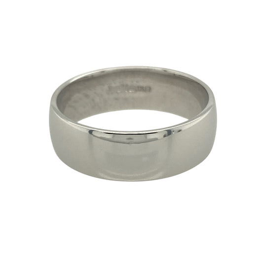 Bring timeless elegance and modern shine to your collection with this pre-owned 9ct white gold wedding band ring, a classic symbol of enduring style.

Design: The ring features a traditional 7mm wide band with a smooth polished finish, offering a sleek and versatile look.
Material: Made from 9-carat white gold, the bright tone and lustrous surface provide a refined and contemporary appeal.
Ring Detail: Sized at S and weighing 6.20 grams, the band has a substantial feel while ensuring comfortable wear.