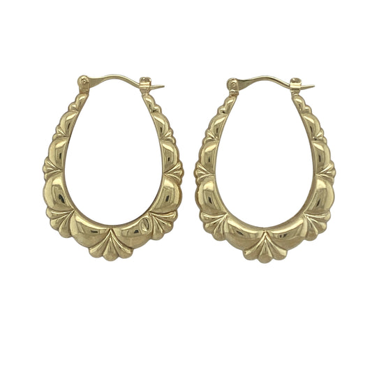 9ct Gold Oval Patterned Creole Earrings