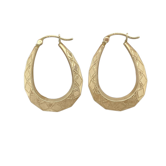9ct Gold Patterned Oval Creole Earrings