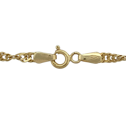 Bring fluid sparkle and timeless style to your collection with this pre-owned 9ct yellow gold Singapore chain, a versatile design that catches the light beautifully—perfect for layering or wearing alone.

Design: The necklace features a 20-inch Singapore chain with 3mm wide twisted links, creating elegant movement and subtle shine.
Material: Made from 9-carat yellow gold, the polished finish enhances the chain’s intricate twist and warm golden glow.