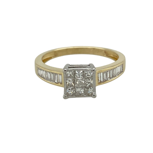 18ct Gold & Diamond Set Princess Cut Multi Stone Illusion Cluster Ring