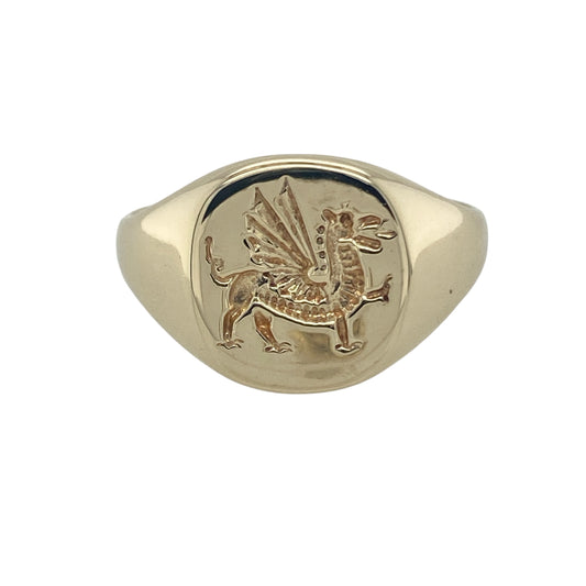 9ct Gold Welsh Dragon Round Signet Ring