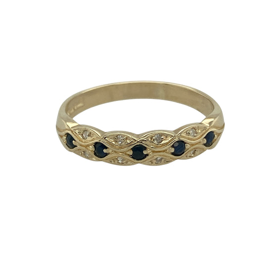 9ct Gold Diamond & Sapphire Set Patterned Band Ring
