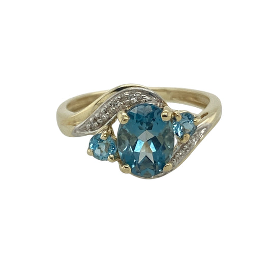 9ct Gold Diamond & Blue Topaz Set Twist Ring