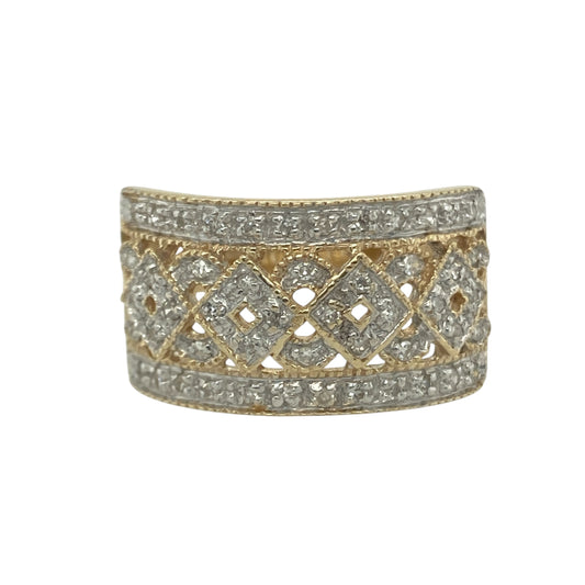 9ct Gold & Diamond Set Open Patterned Wide Ring