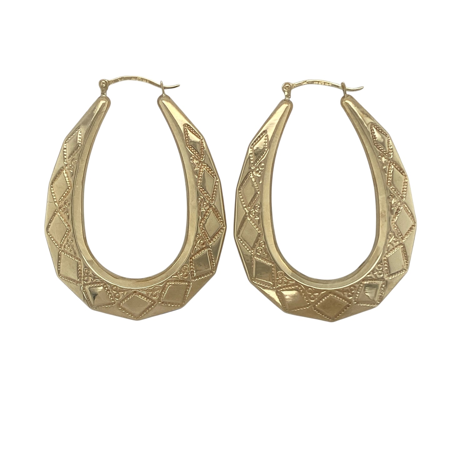 9ct Gold Large Oval Patterned Creole Earrings