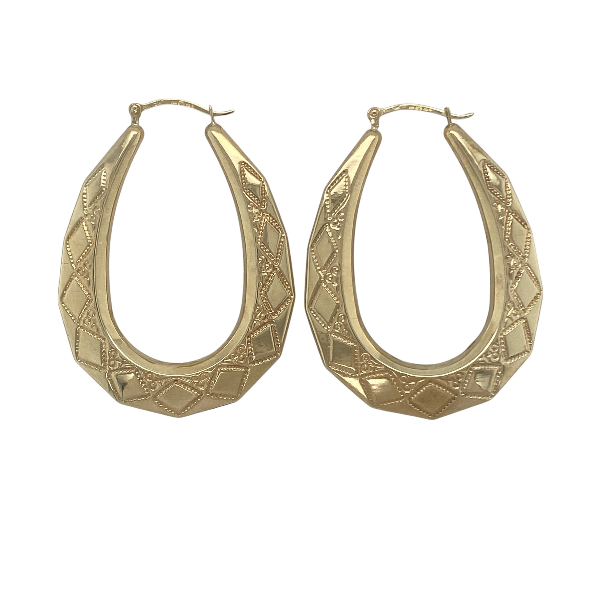 9ct Gold Large Oval Patterned Creole Earrings