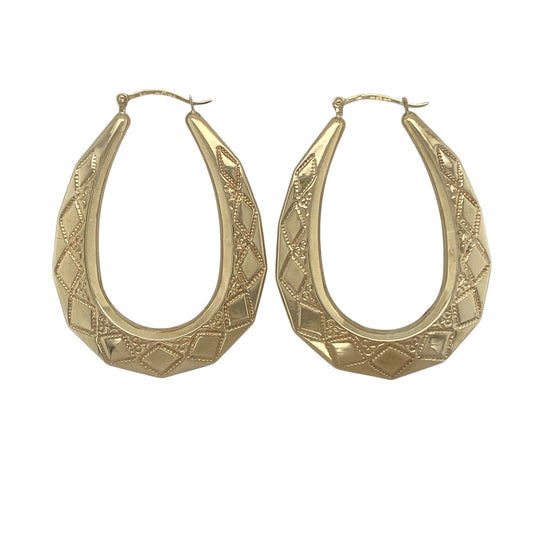9ct Gold Large Oval Patterned Creole Earrings