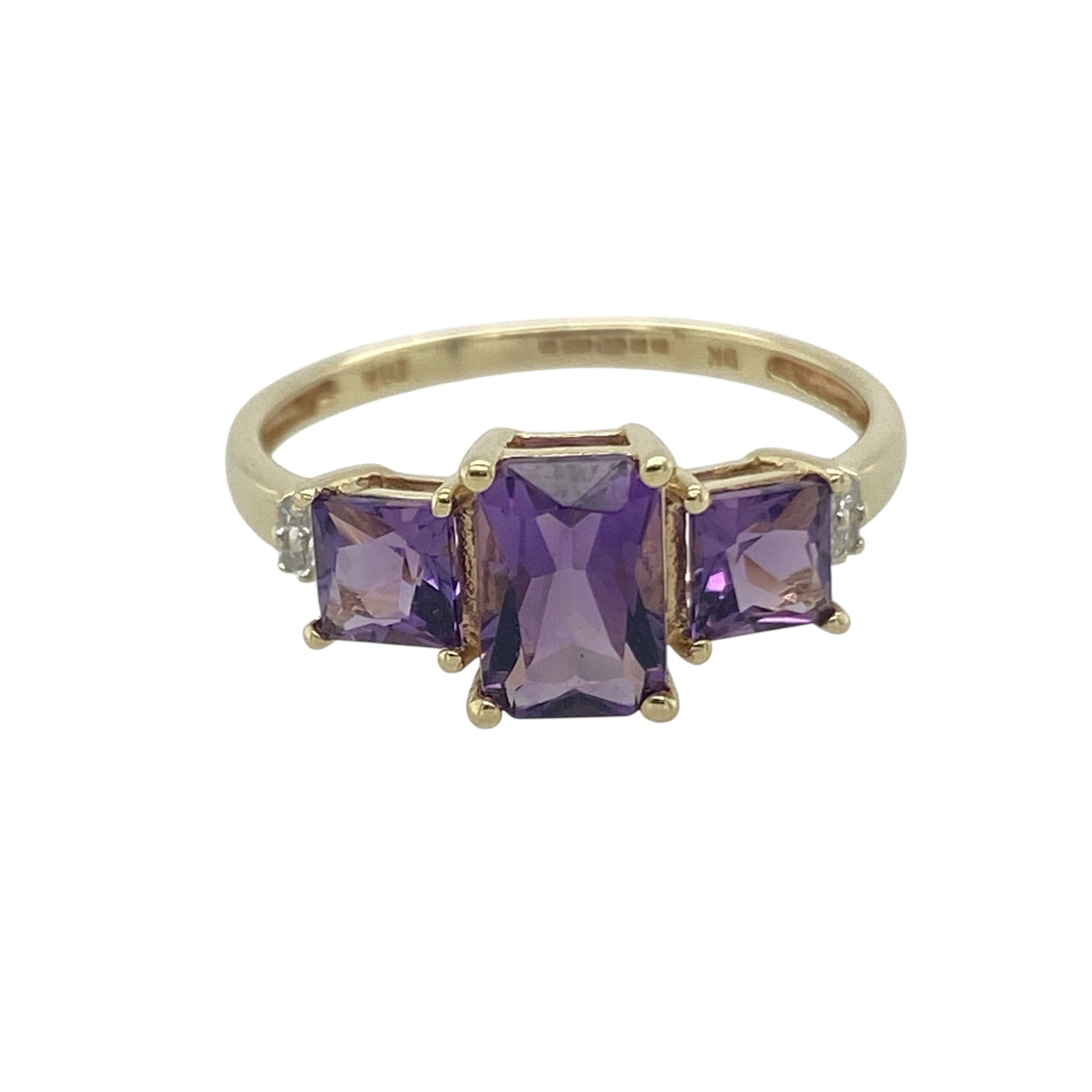 9ct Gold Diamond & Amethyst Set Trilogy Ring