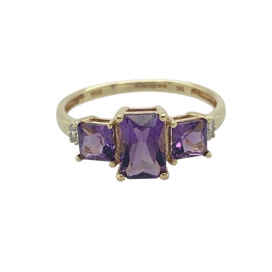 9ct Gold Diamond & Amethyst Set Trilogy Ring