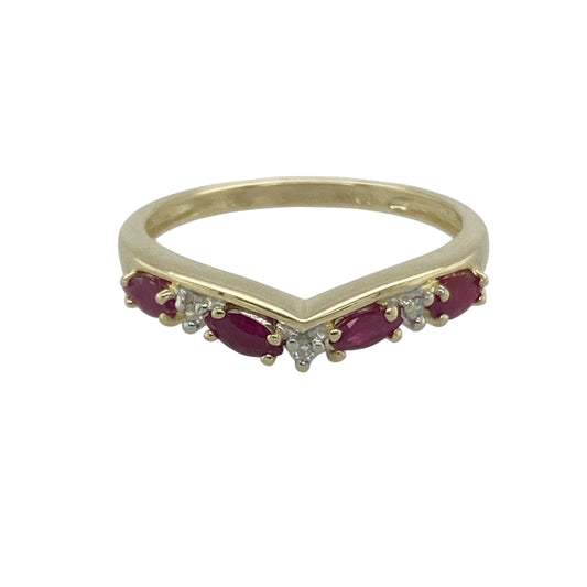 9ct Gold Diamond & Ruby Set Wishbone Ring